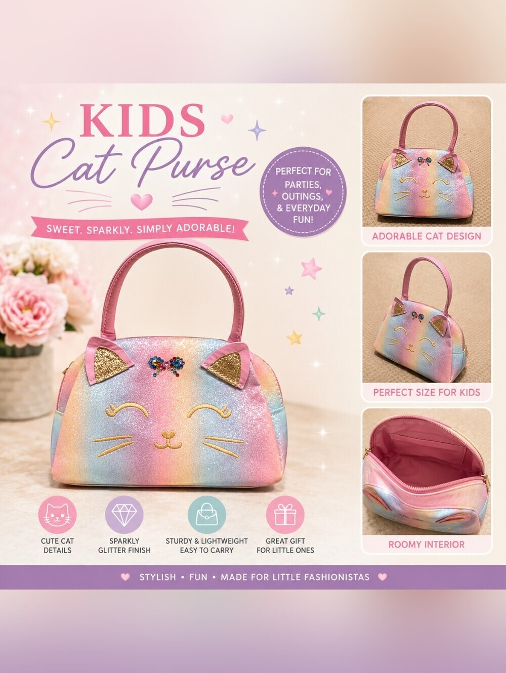 Kids Sparkle Rainbow Cat Purse - Pink Multicolor